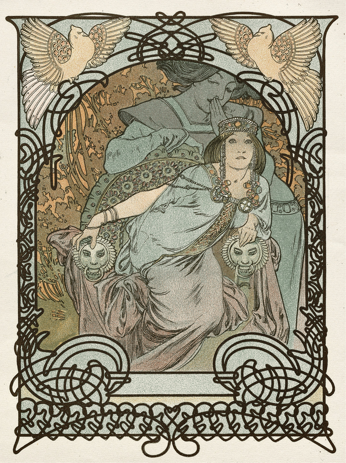 Ilsée, Princesse de Tripoli by Alphonse Mucha — A jewelled princess on her throne as a companion whispers at her ear