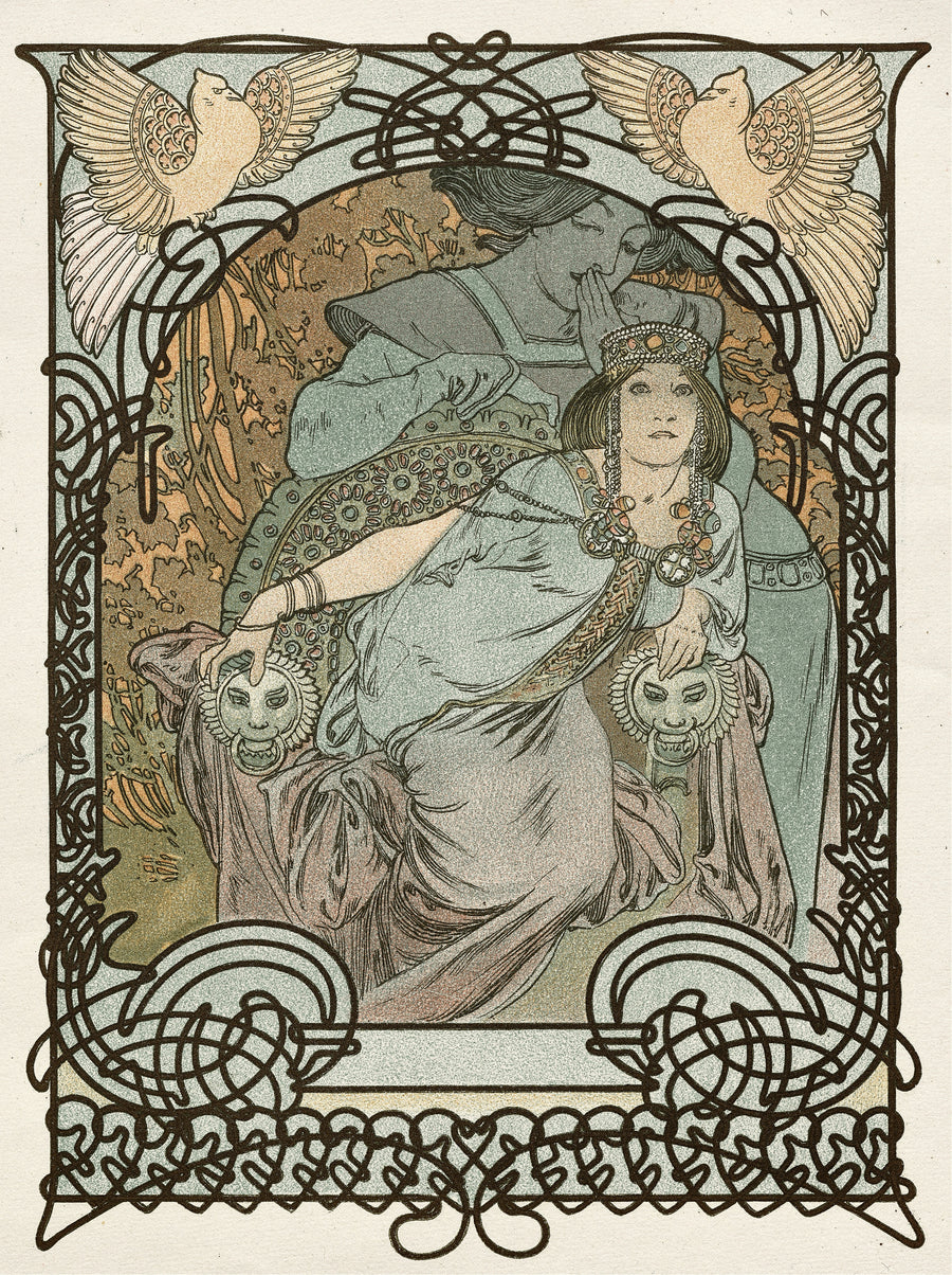 Alphonse Mucha — Ilsée, Princesse de Tripoli | Art Nouveau Print shown to scale on a wall above a sofa