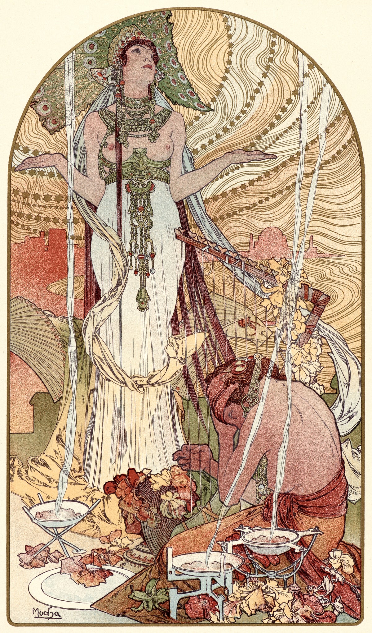 Incantation (Salammbô) by Alphonse Mucha — A priestess lifts her palms as smoke rises from burning bowls