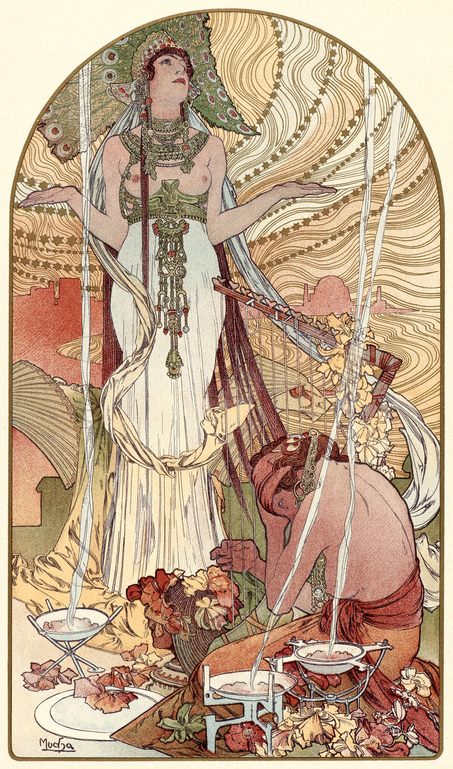 Alphonse Mucha — Incantation (Salammbô) | Art Nouveau Print shown to scale on a wall above a sofa