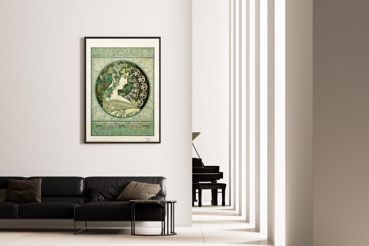 Framed art print of Ivy by Alphonse Mucha, on the wall of a minimal living room