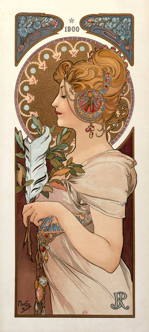 La Plume by Alphonse Mucha — A woman in profile with a white quill and a jewelled disc in her hair