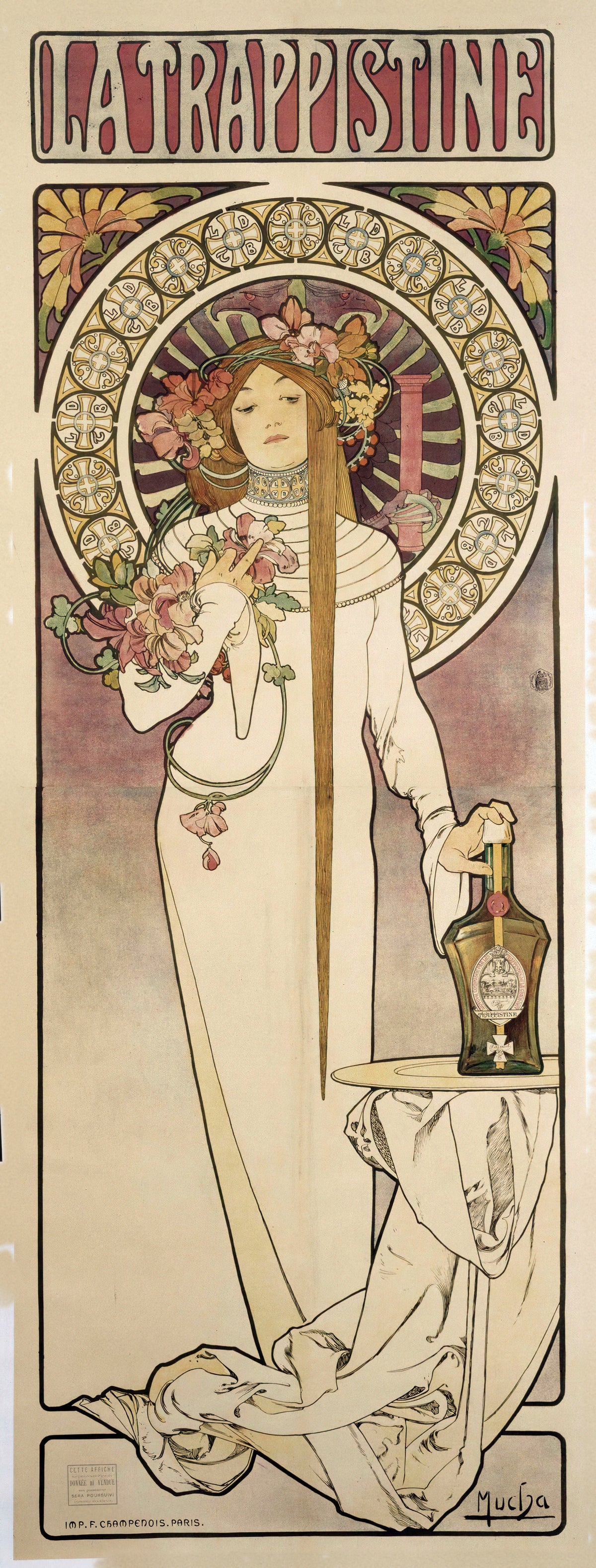 La Trappistine by Alphonse Mucha — A robed woman in a flowered crown rests her hand on a liqueur bottle