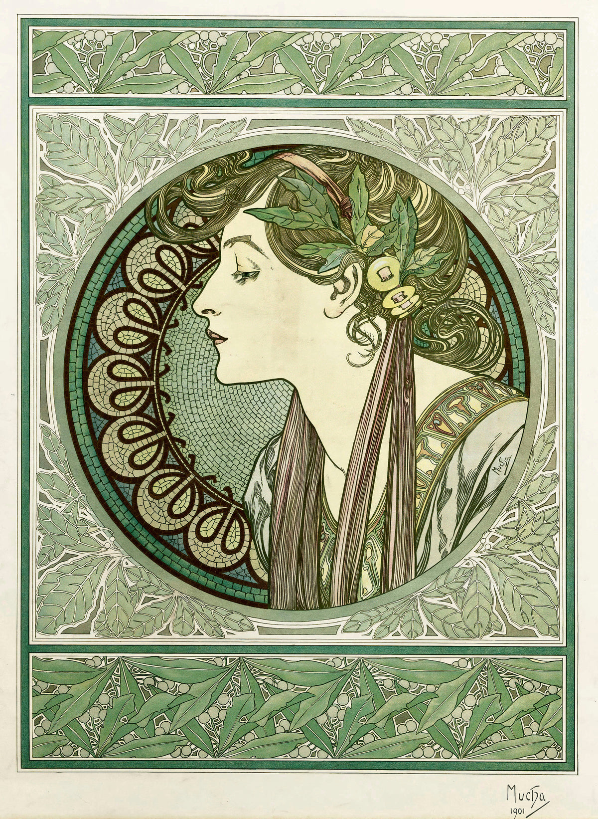 Laurel by Alphonse Mucha — A girl in profile, laurel in her hair, against a green mosaic roundel