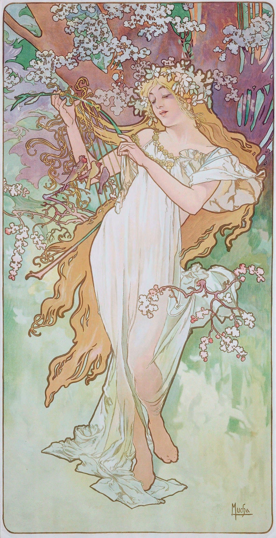 Alphonse Mucha — Les Saisons: Spring | Art Nouveau Poster Print shown to scale on a wall above a sofa
