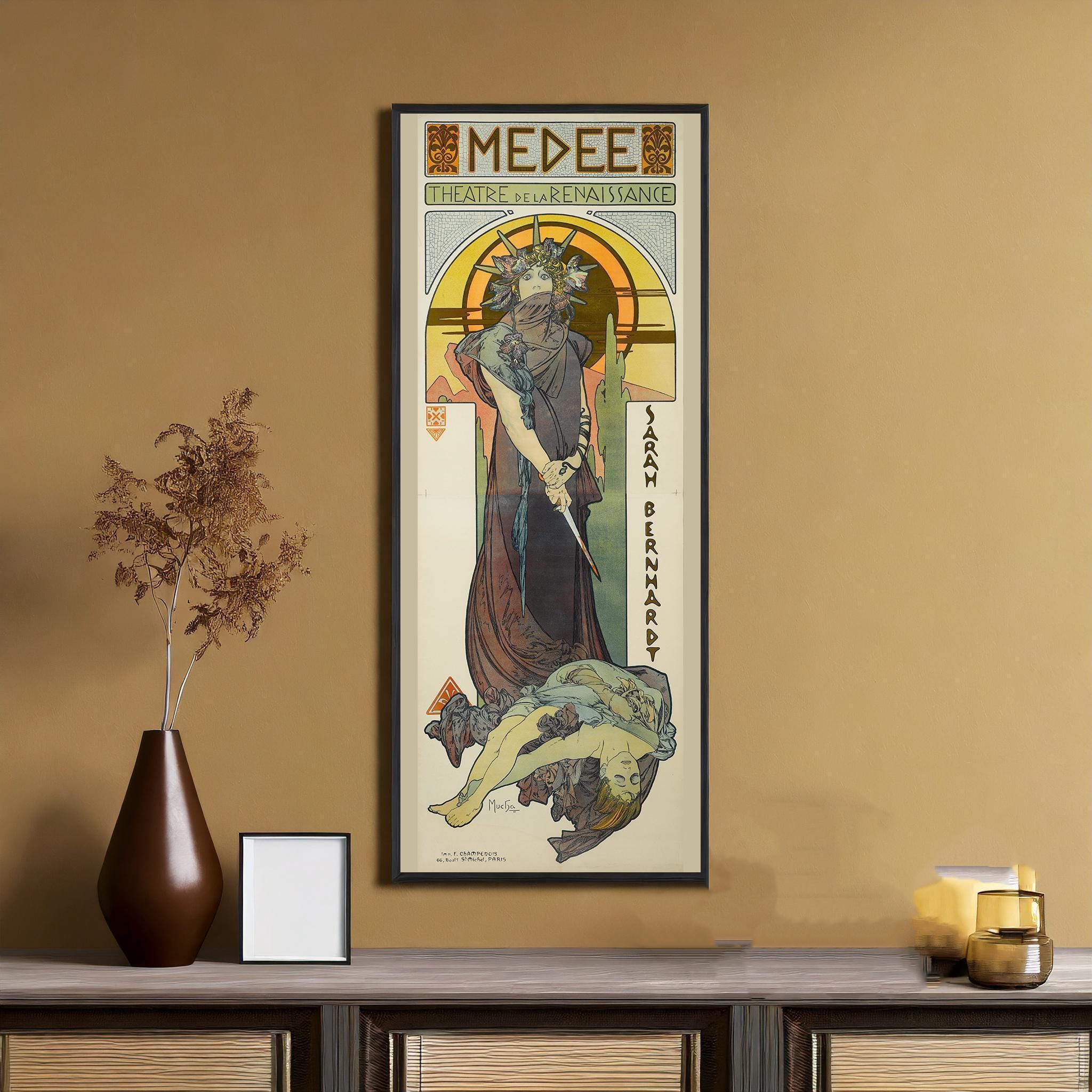Alphonse Mucha - Medee | Our Stunning Bestseller | Vintage Theatre Poster Tall Frame | Green & Brown (available handframed or unframed) 3x1 - 9ArtPrints