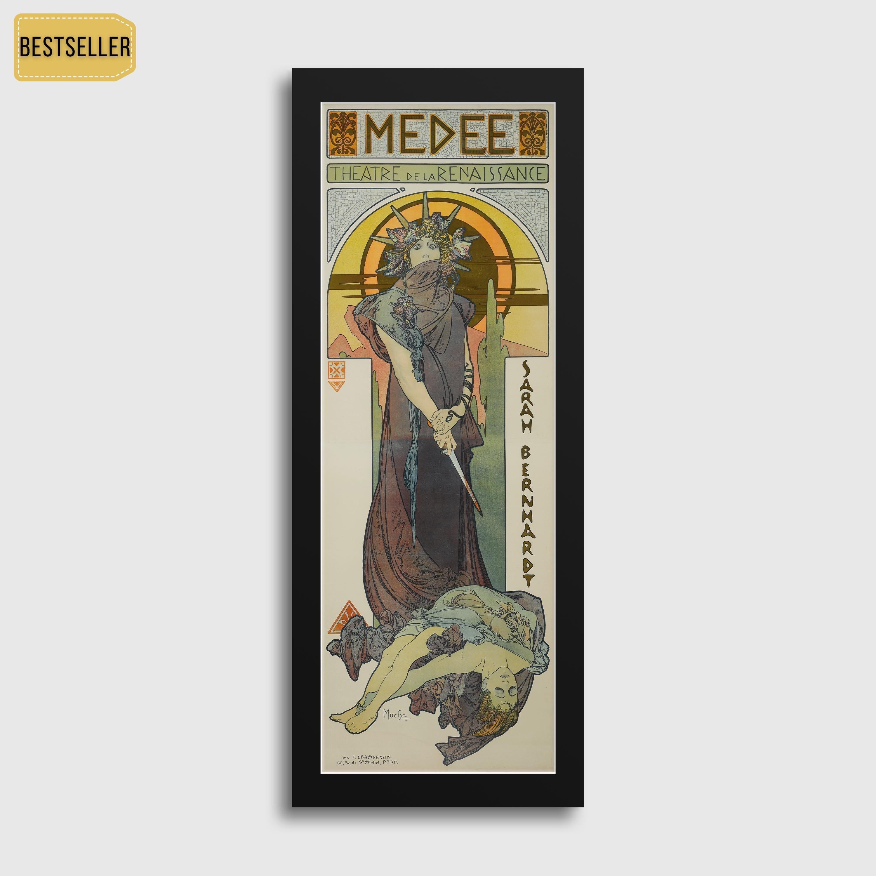 Alphonse Mucha - Medee | Our Stunning Bestseller | Vintage Theatre Poster Tall Frame | Green & Brown (available handframed or unframed) 3x1 - 9ArtPrints