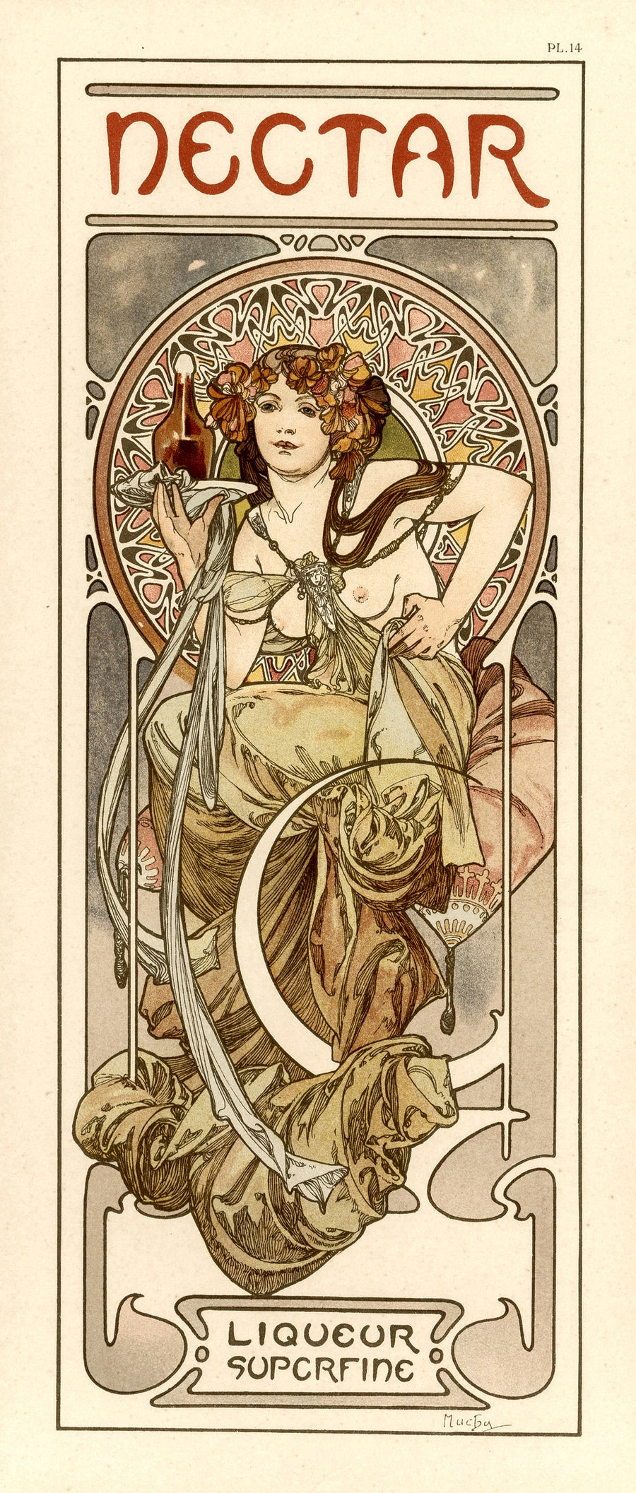 Alphonse Mucha — Nectar | Vintage Poster Print shown to scale on a wall above a sofa