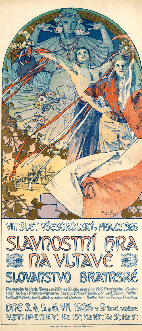 Poster for the Sokol Festival in Prague by Alphonse Mucha — A wreathed woman in blue towers over two young men and ribbons