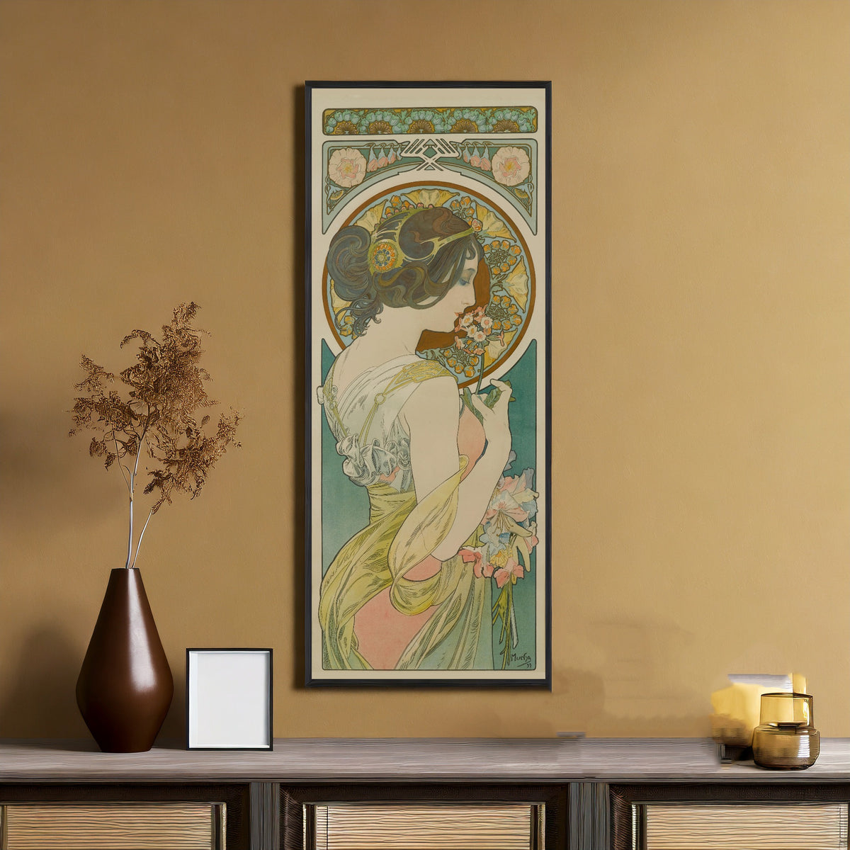 Primrose by Alphonse Mucha — framed on an ochre wall above a console table
