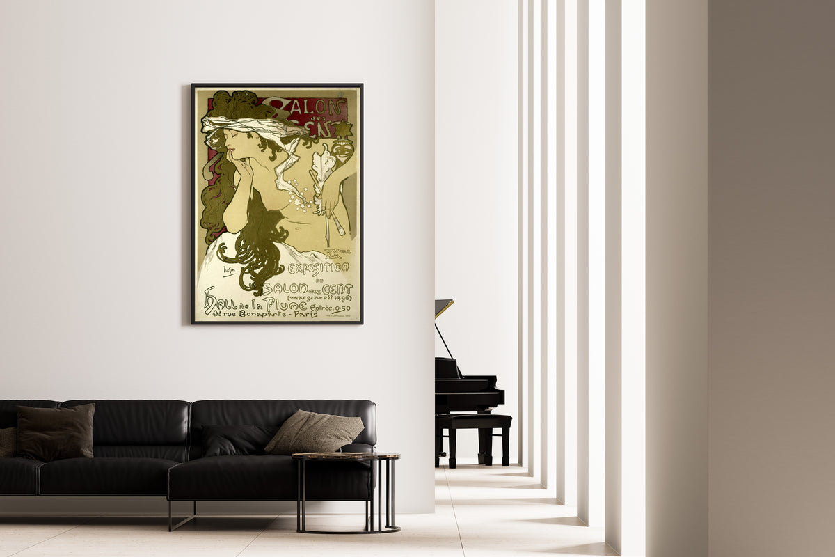 Framed art print of Salon des Cent, XXe Exposition (mars-avril 1896) by Alphonse Mucha, on the wall of a minimal living room
