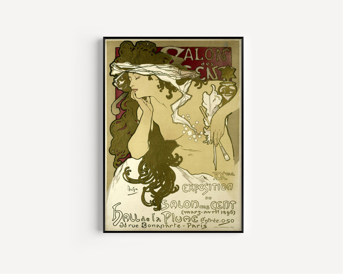 Framed art print of Salon des Cent, XXe Exposition (mars-avril 1896) by Alphonse Mucha, in a slim black frame on a plain white wall