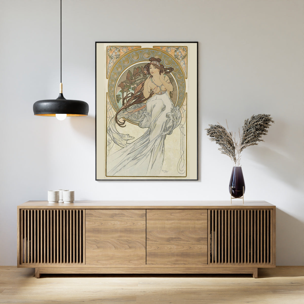 The Arts: Music by Alphonse Mucha — framed above a slatted wood sideboard