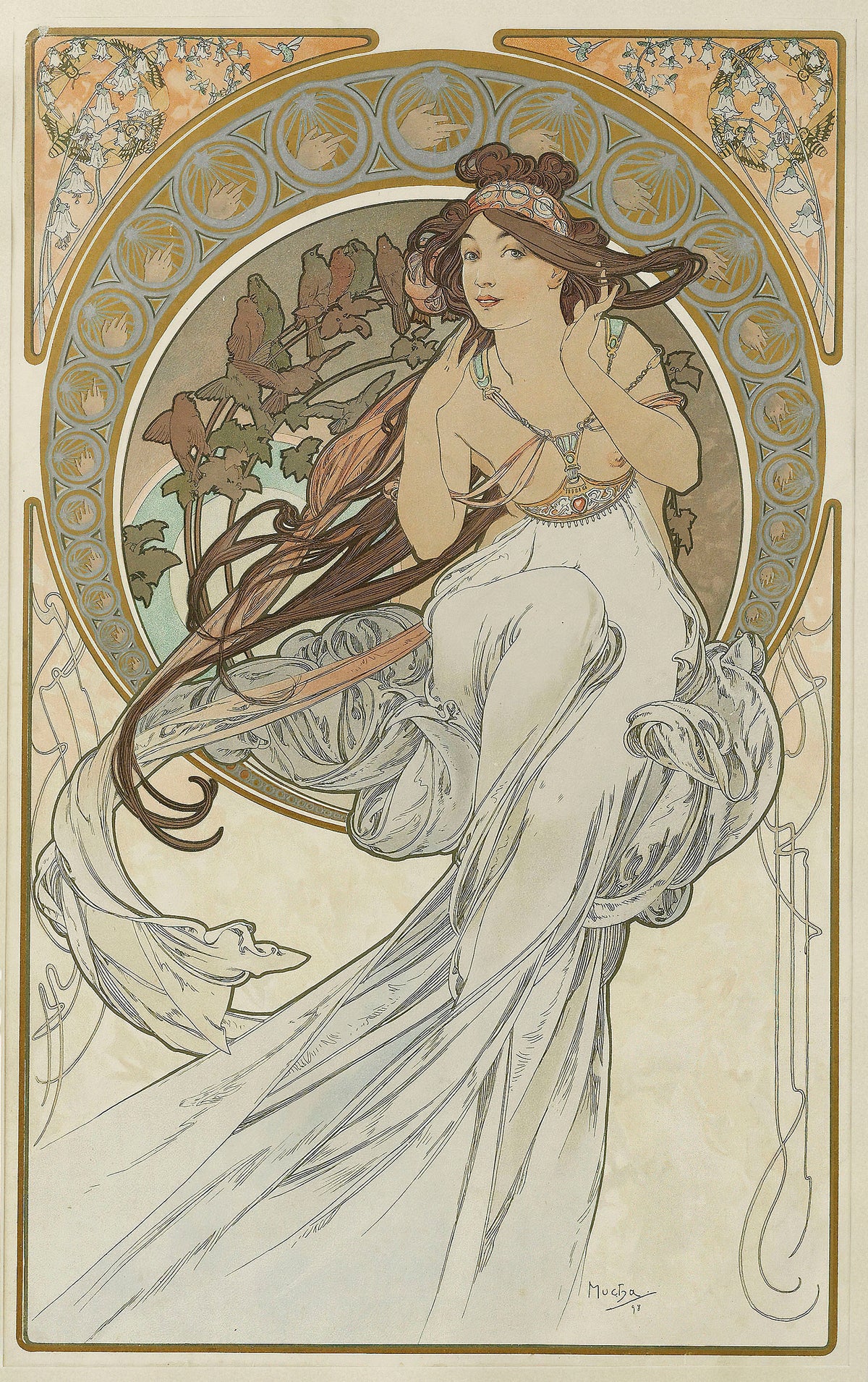 The Arts: Music by Alphonse Mucha — A woman raises her hands to her hair as birds perch on ivy behind her