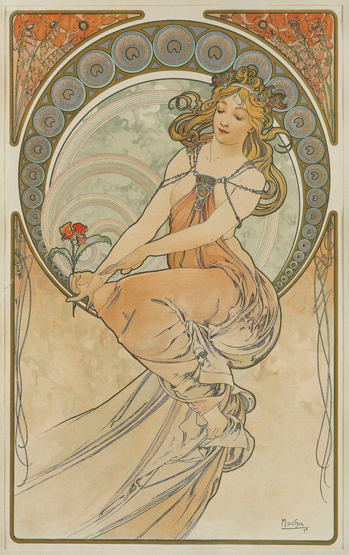 The Arts: Painting by Alphonse Mucha — A seated woman holds red poppies before rings of soft colour