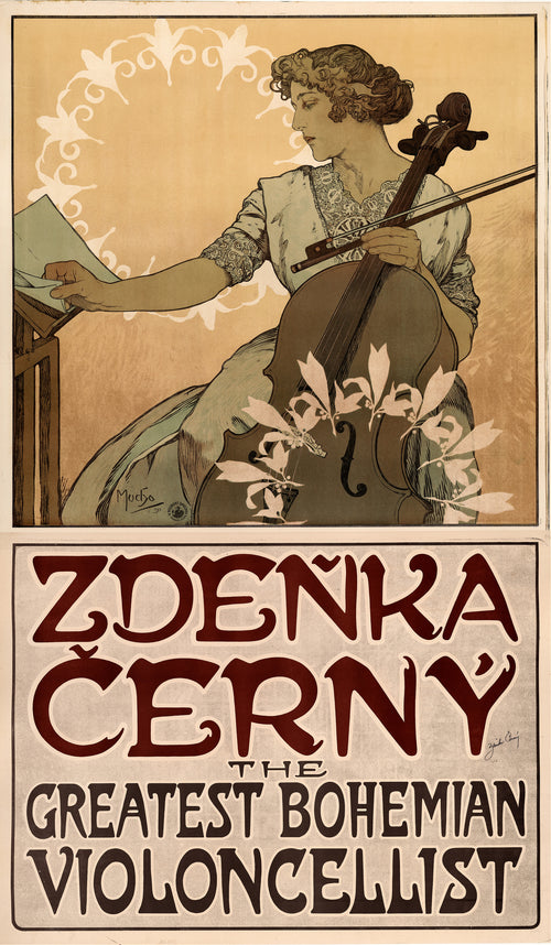 Zdeňka Černý, the Greatest Bohemian Violoncellist by Alphonse Mucha — A woman in lace plays the cello and turns a page of music