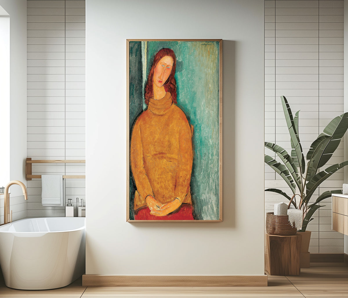 Jeanne Hébuterne by Amedeo Modigliani — framed in a bathroom beside a freestanding tub