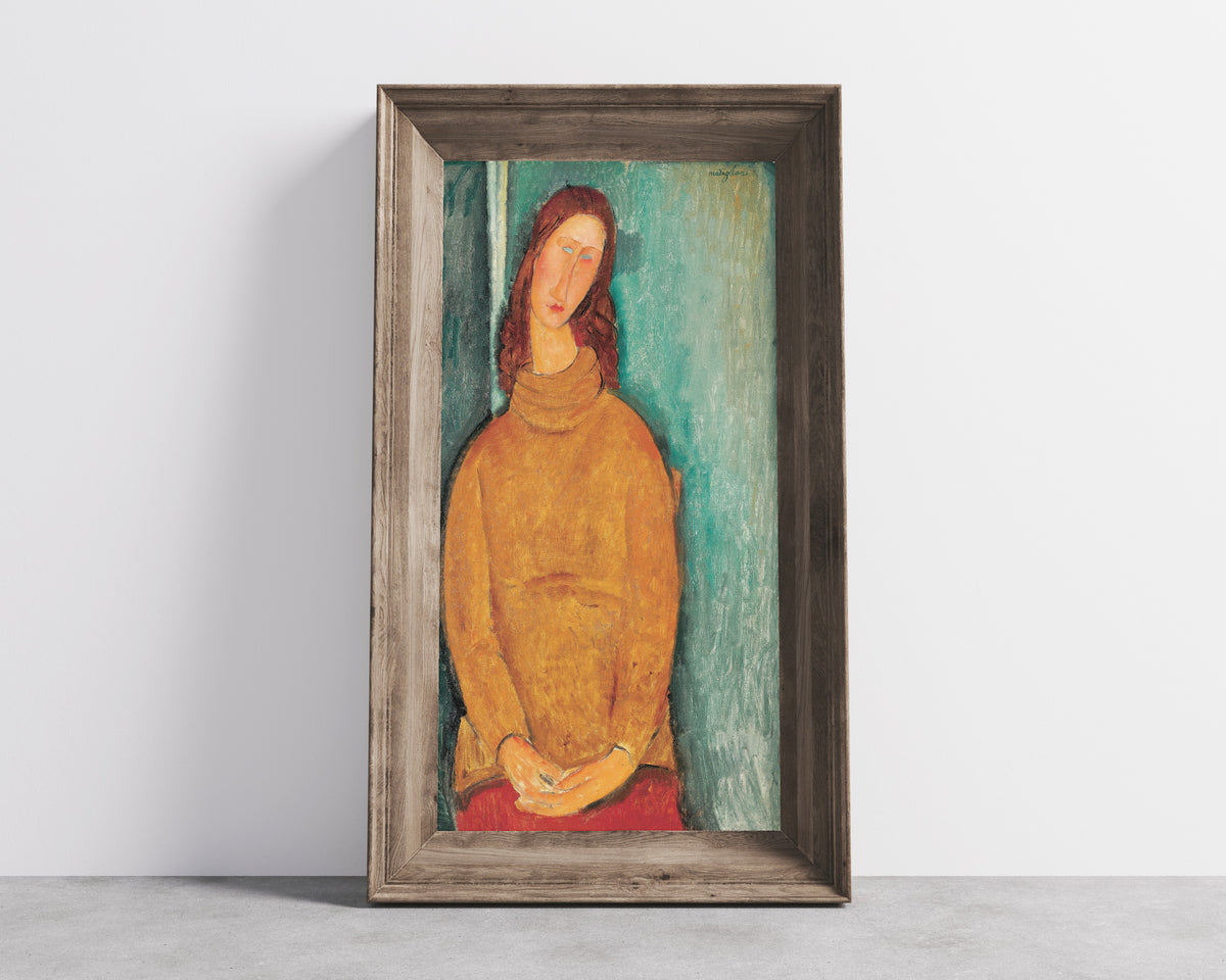 Jeanne Hébuterne by Amedeo Modigliani — in a wide wooden frame leaning against a concrete wall