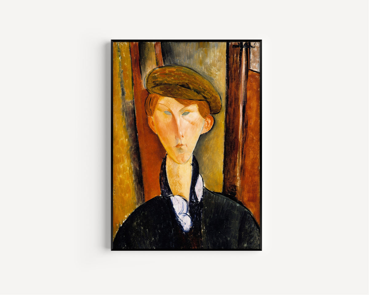 Young Man with a Cap by Amedeo Modigliani — in a slim black frame on a plain white wall