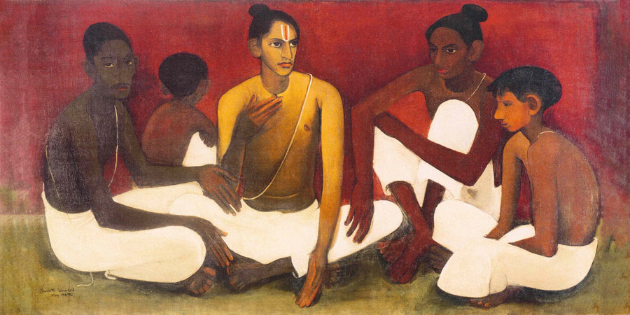 Amrita Sher-Gil — Brahmacharis | Fine Art Giclée Print shown to scale on a wall above a sofa