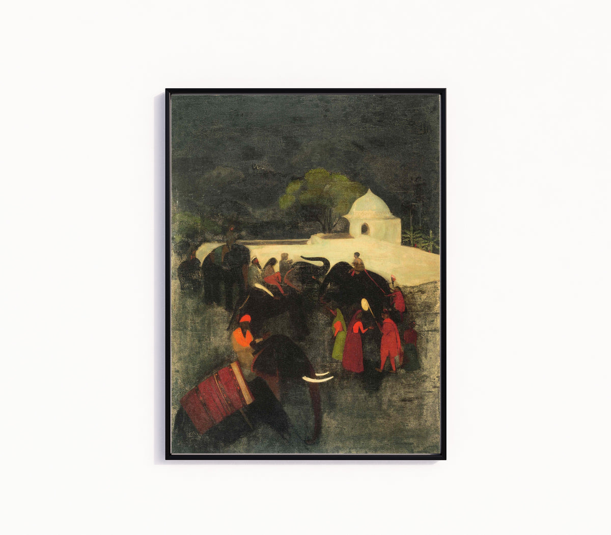 Framed art print of Elephant Promenade (1940) by Amrita Sher-Gil, in a slim black frame on a plain white wall