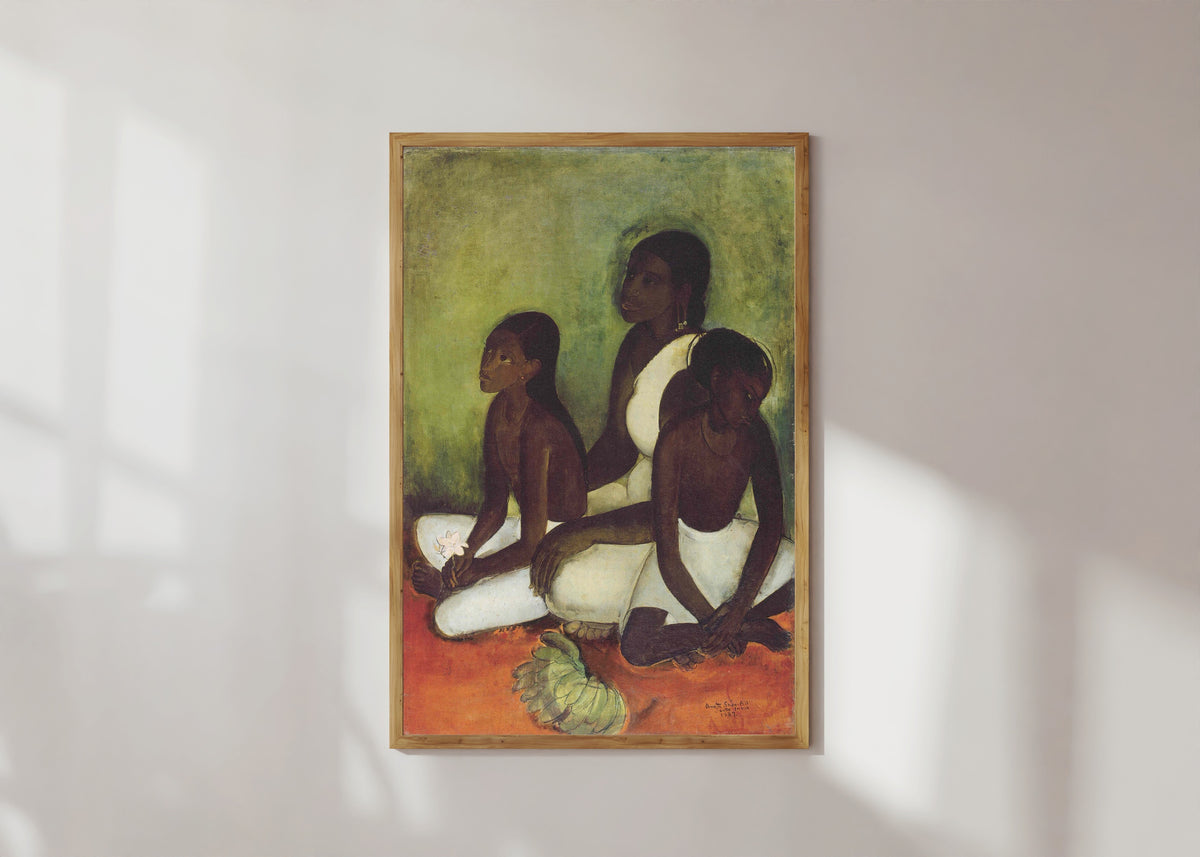 Framed art print of Fruit Vendors (1937) by Amrita Sher-Gil, in a light wood frame on a sunlit white wall