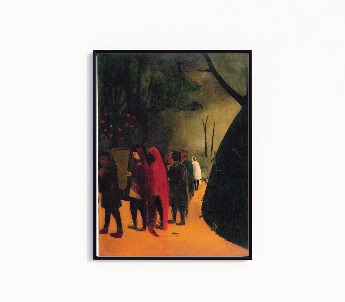 Framed art print of Hill Scene (1938) by Amrita Sher-Gil, in a slim black frame on a plain white wall