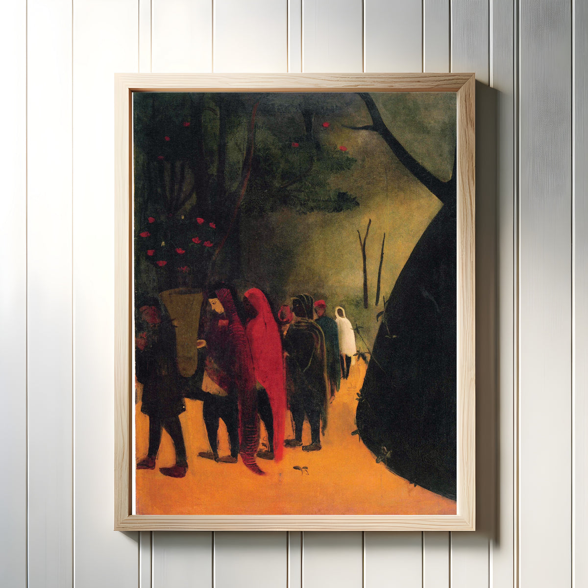 Framed art print of Hill Scene (1938) by Amrita Sher-Gil, in a light wood frame on a white panelled wall