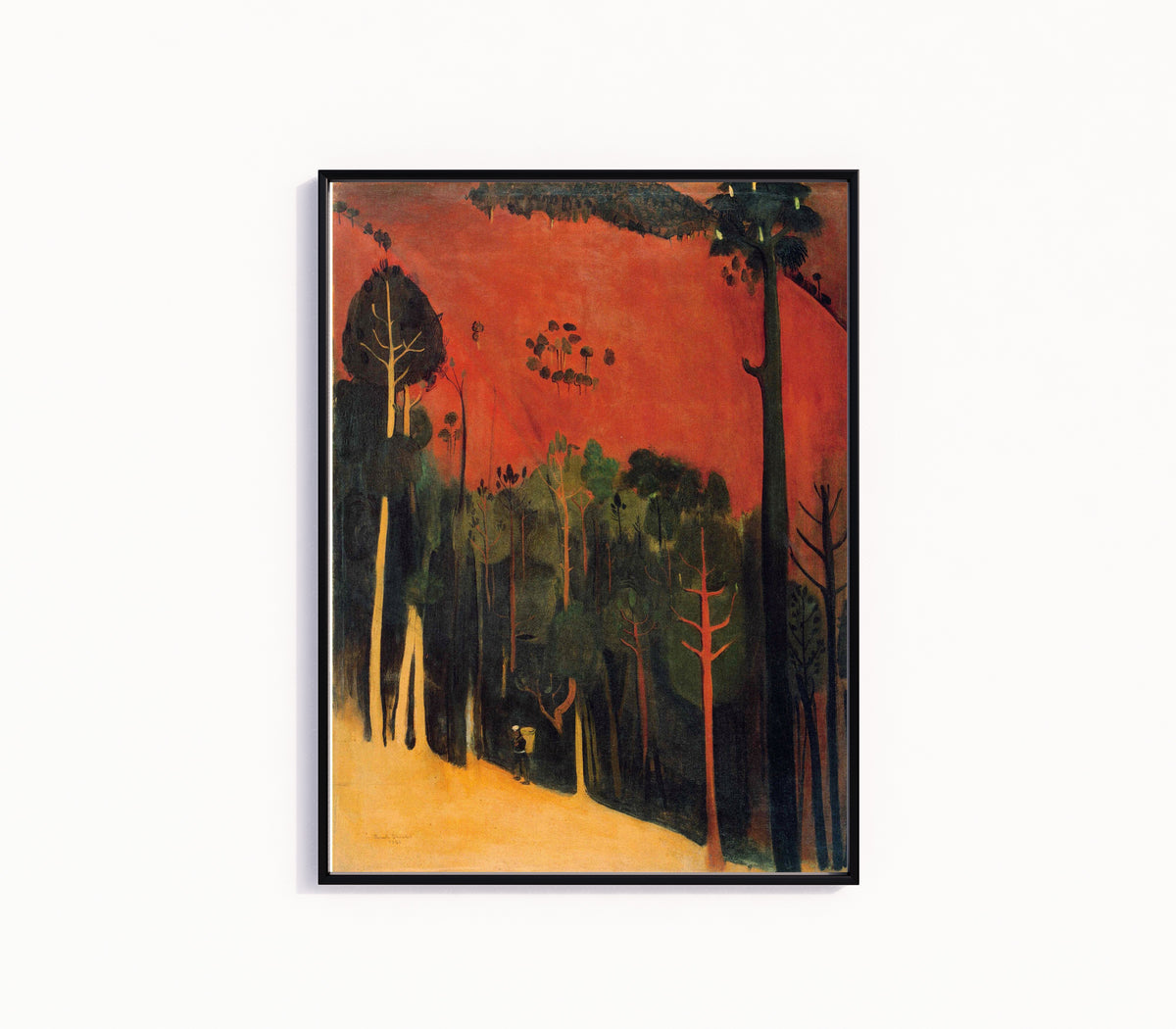 Framed art print of Hillside (1938) by Amrita Sher-Gil, in a slim black frame on a plain white wall