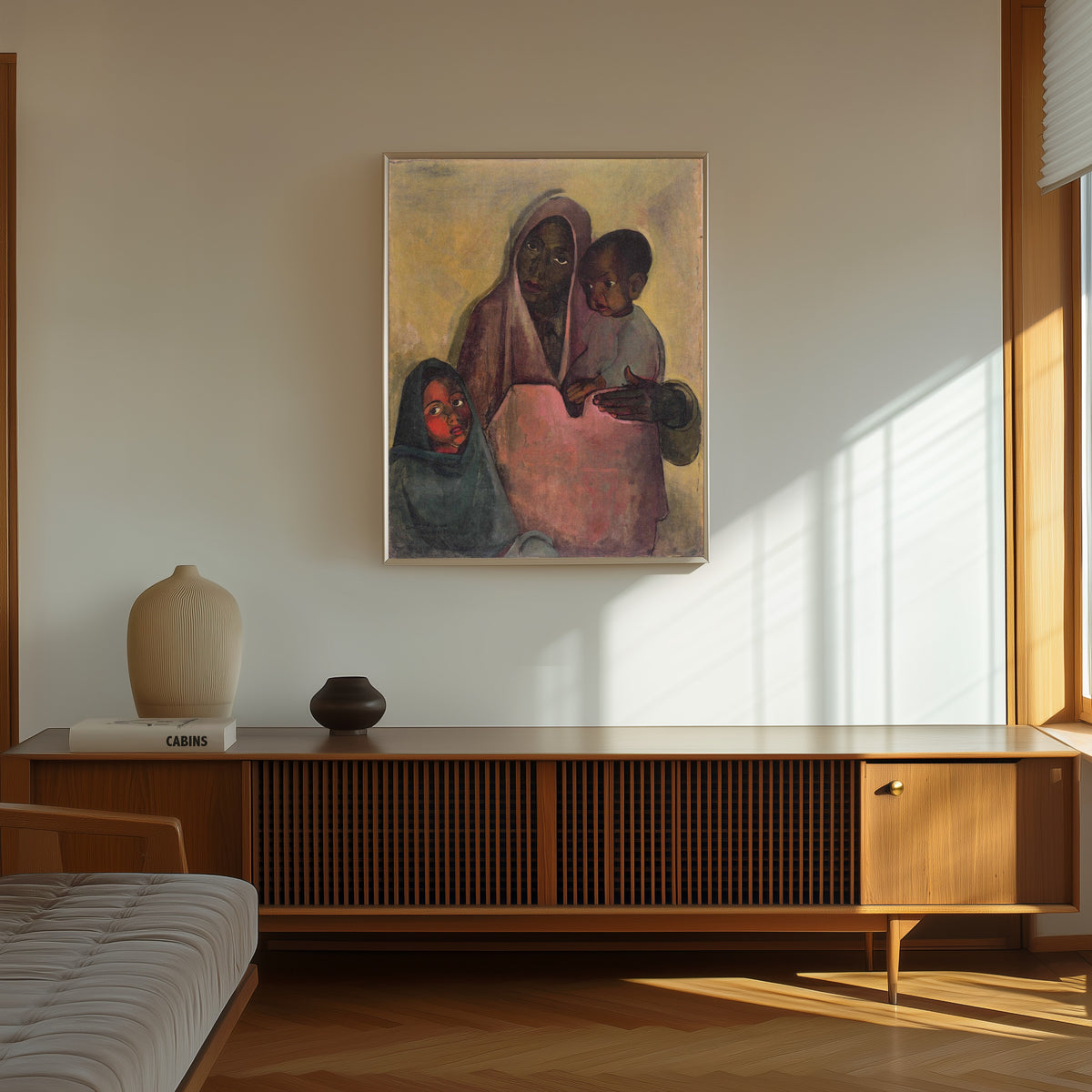 Framed art print of Mother India (1935) by Amrita Sher-Gil, in a thin light frame on a sunlit wall above a wooden sideboard