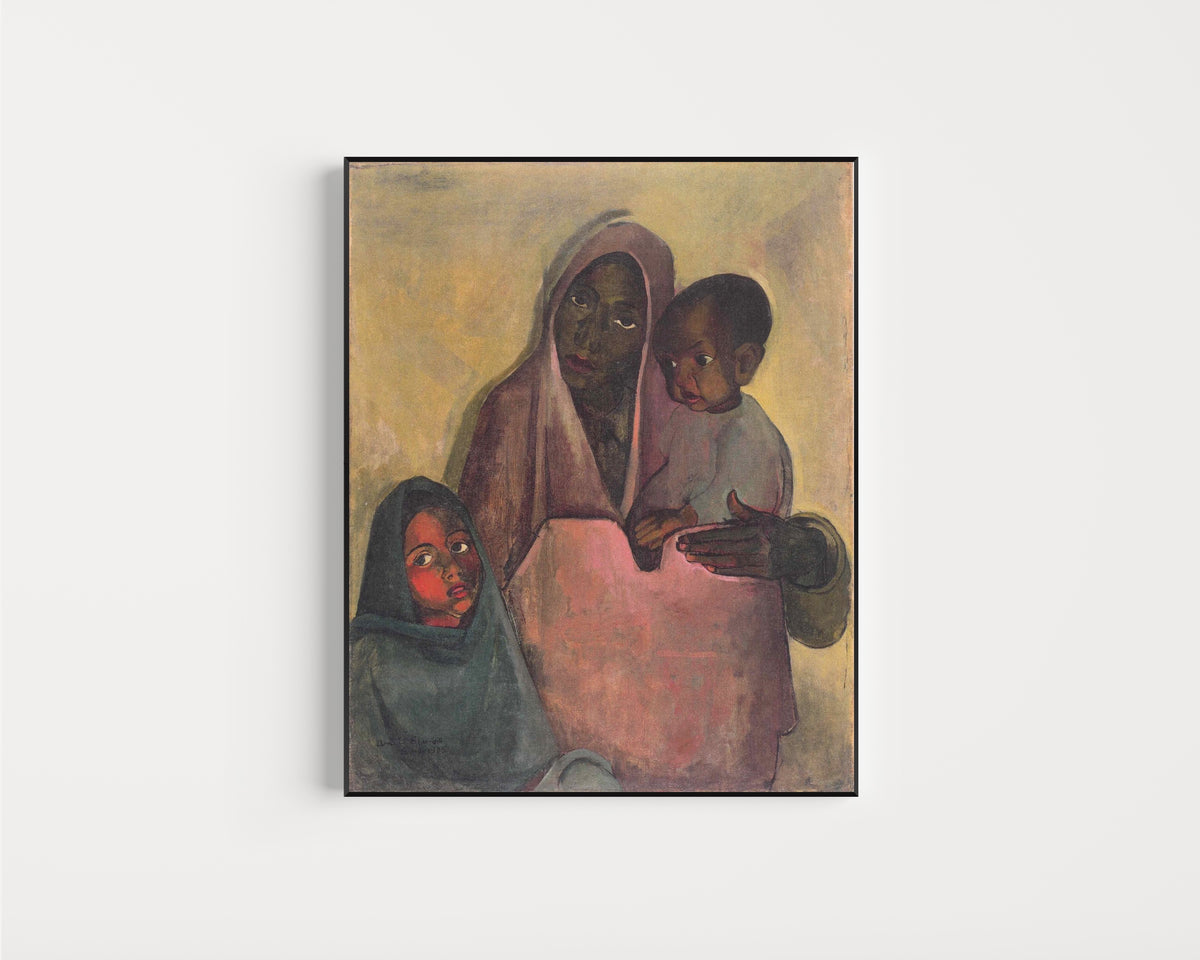 Framed art print of Mother India (1935) by Amrita Sher-Gil, in a slim black frame on a plain white wall