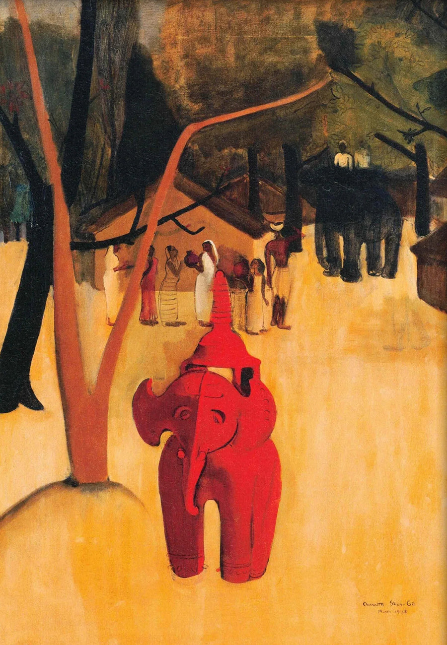 Amrita Sher-Gil — Red Clay Elephant | Fine Art Giclée Print shown to scale on a wall above a sofa