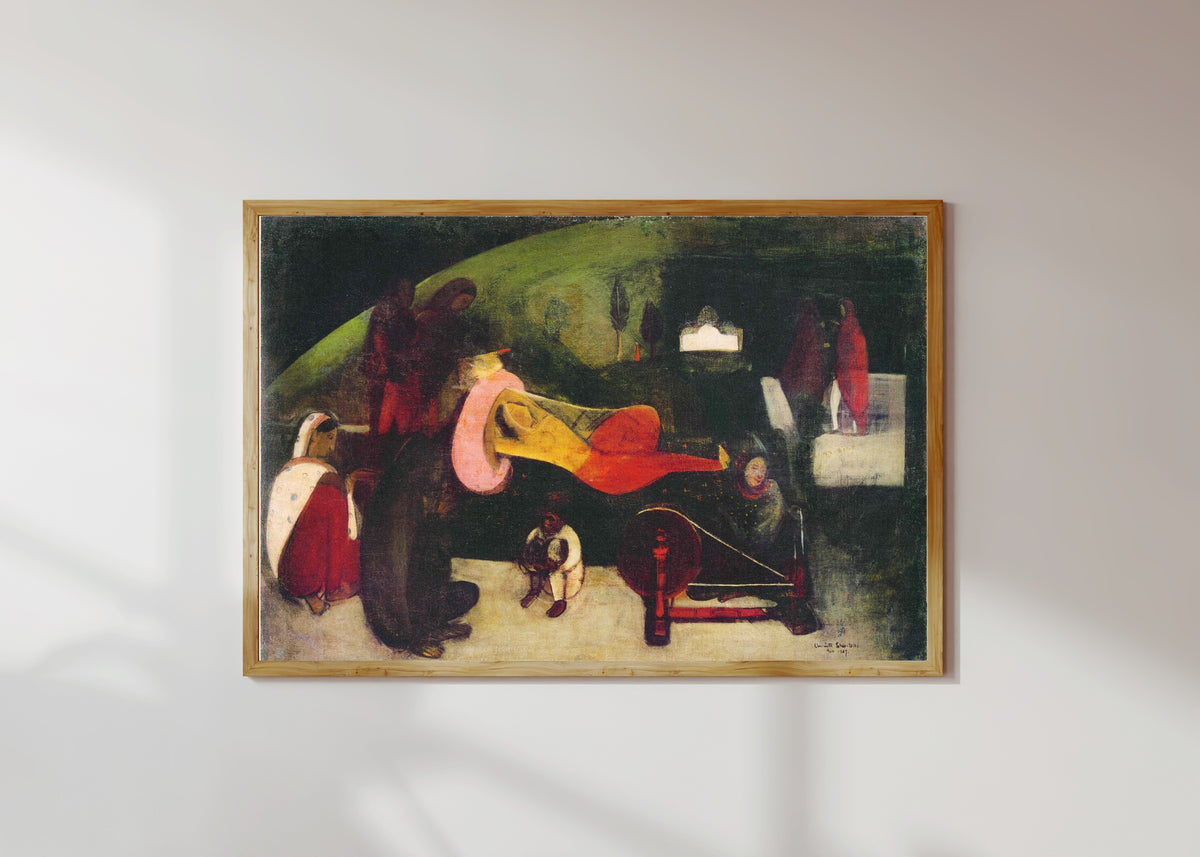 Framed art print of Siesta (1937) by Amrita Sher-Gil, in a light wood frame on a sunlit white wall