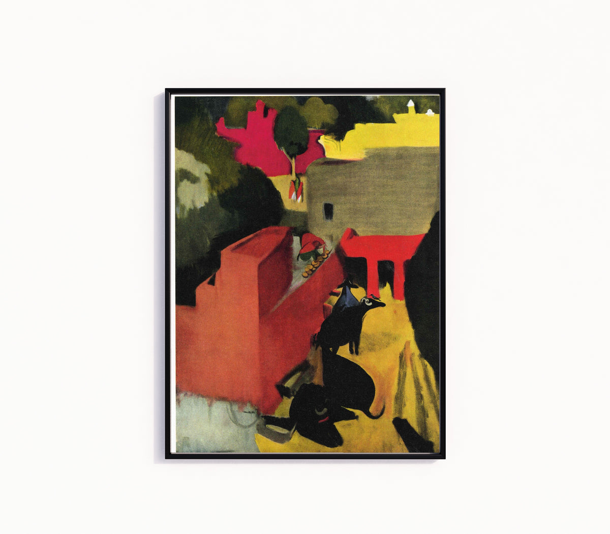 Framed art print of The Last Unfinished Painting (1941) by Amrita Sher-Gil, in a slim black frame on a plain white wall