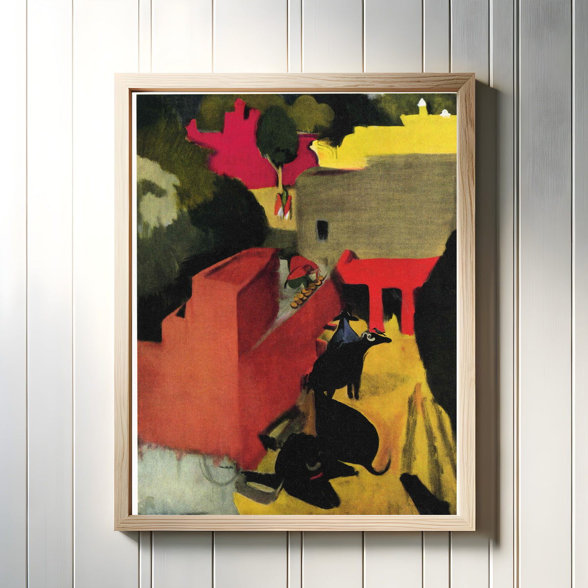 Framed art print of The Last Unfinished Painting (1941) by Amrita Sher-Gil, in a light wood frame on a white panelled wall