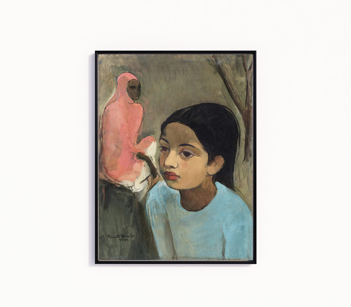 Framed art print of The Little Girl in Blue (1934) by Amrita Sher-Gil, in a slim black frame on a plain white wall