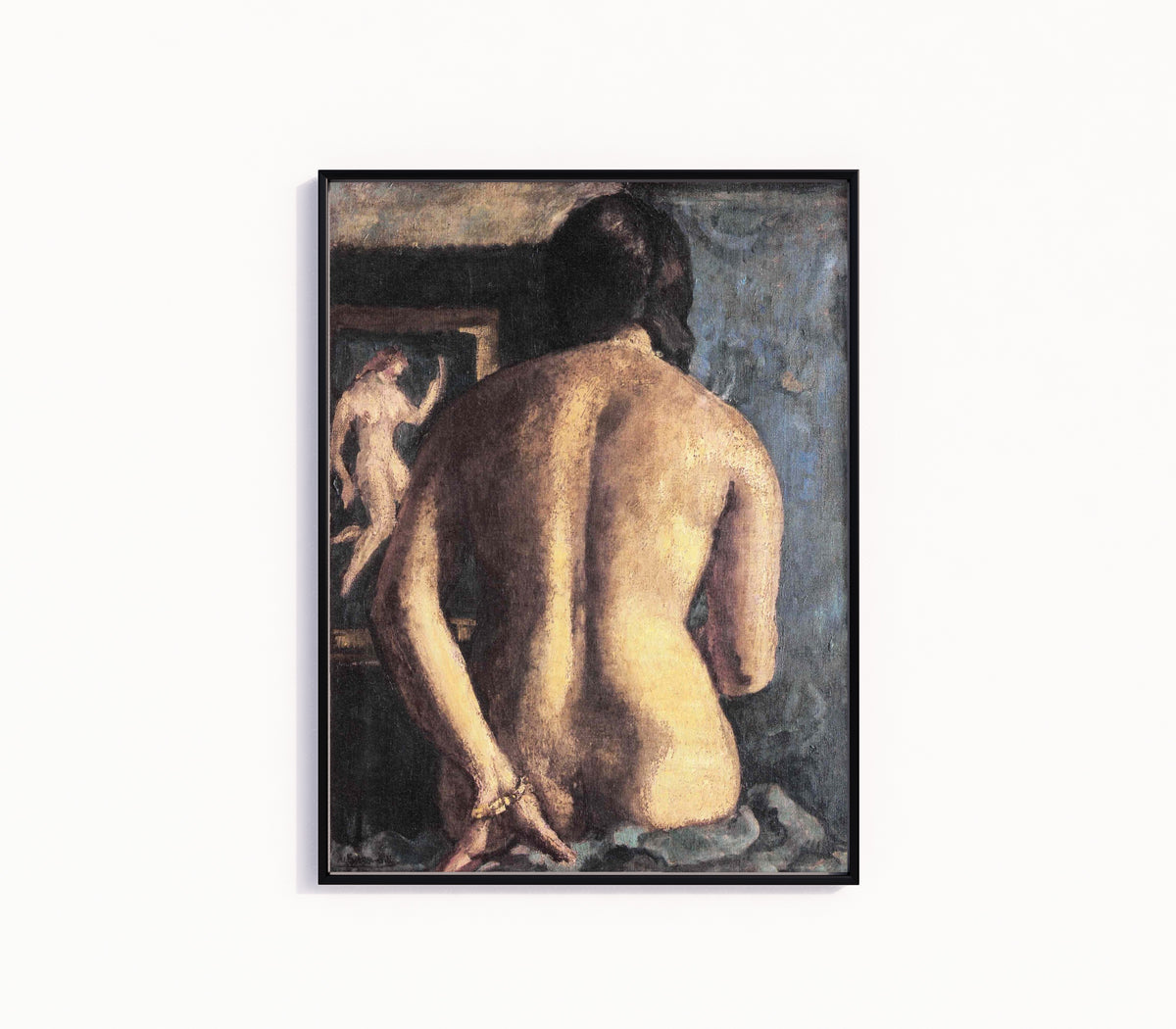 Framed art print of Torso (1932) by Amrita Sher-Gil, in a slim black frame on a plain white wall