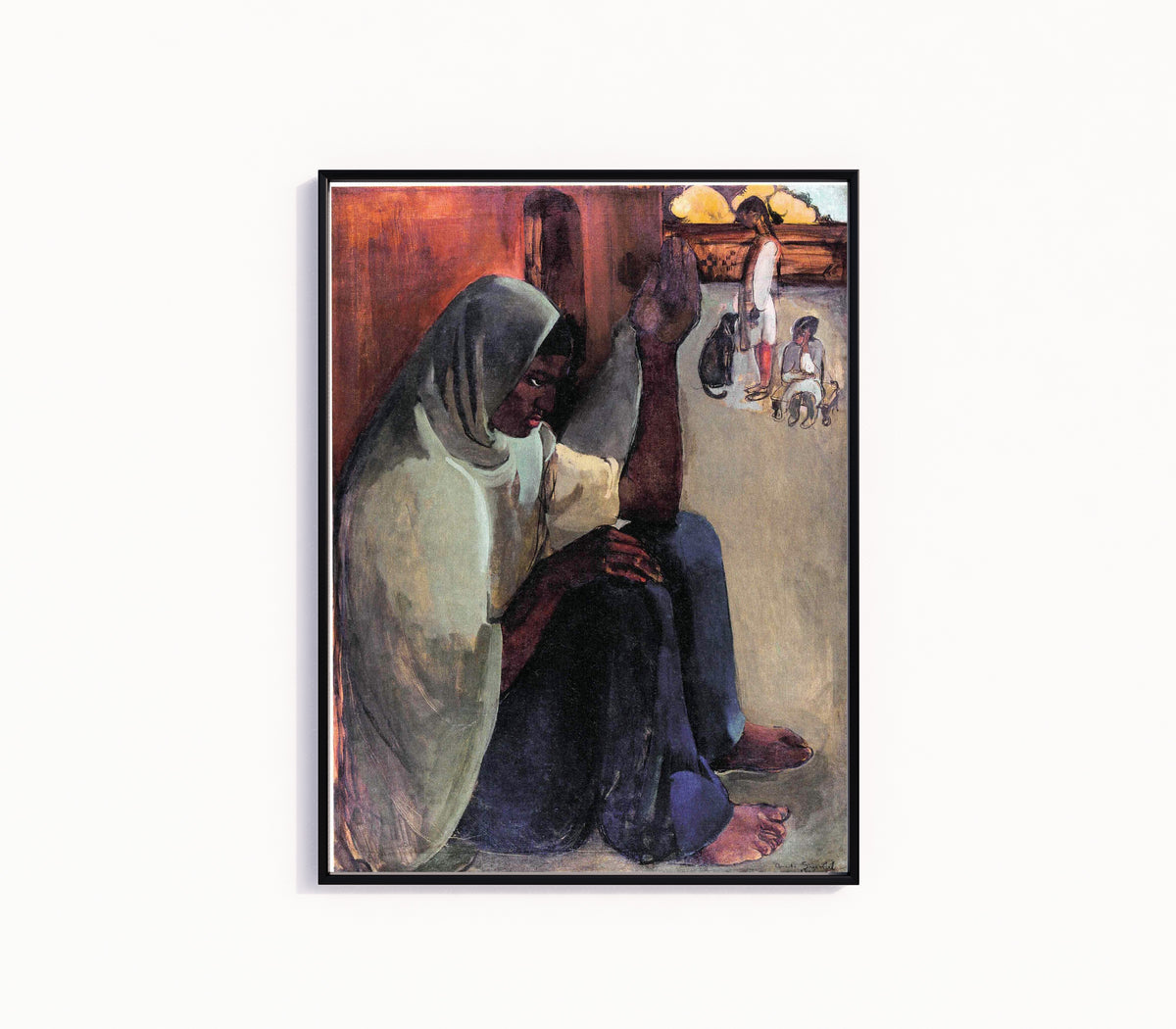 Framed art print of Woman on Terrace (1935) by Amrita Sher-Gil, in a slim black frame on a plain white wall