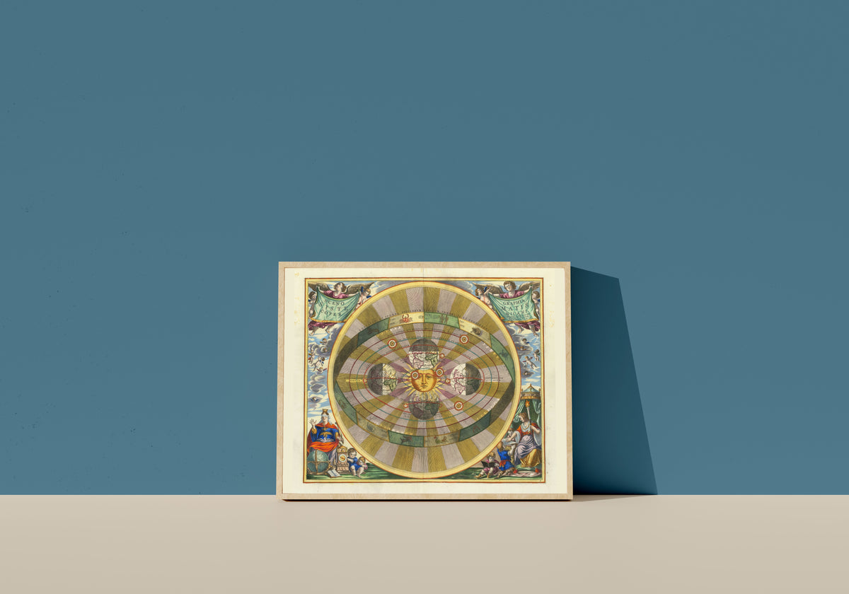 Framed art print of A Scenographic View of the Copernican System (Plate 5, Olive Colouring) by Andreas Cellarius, in a light wood frame leaning on a blue wall