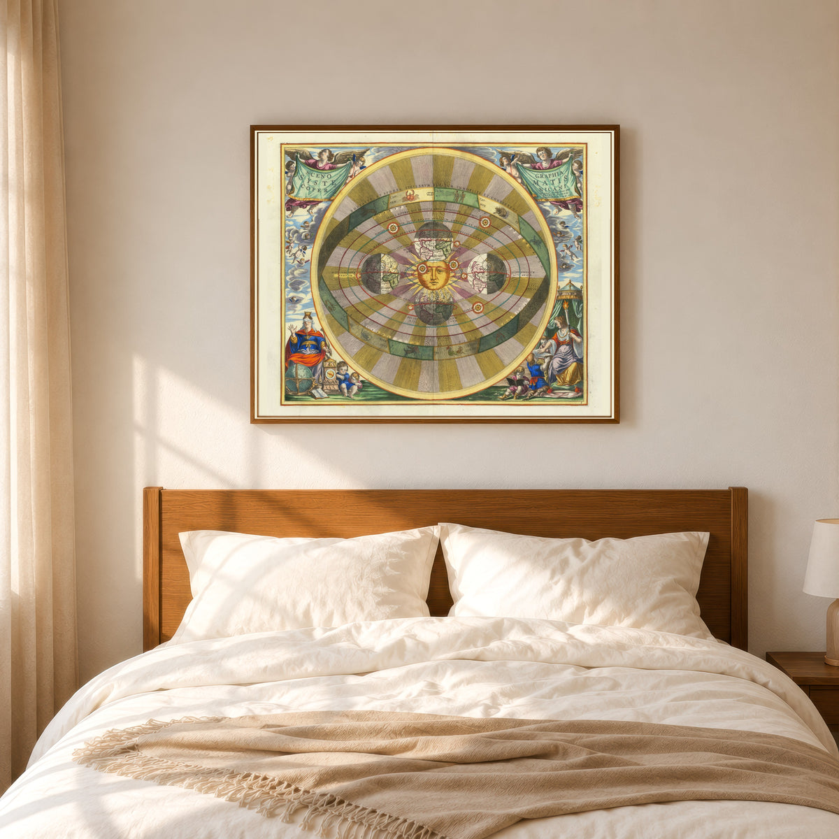 Framed art print of A Scenographic View of the Copernican System (Plate 5, Olive… by Andreas Cellarius, in a slim wood frame above a bed in a sunlit bedroom