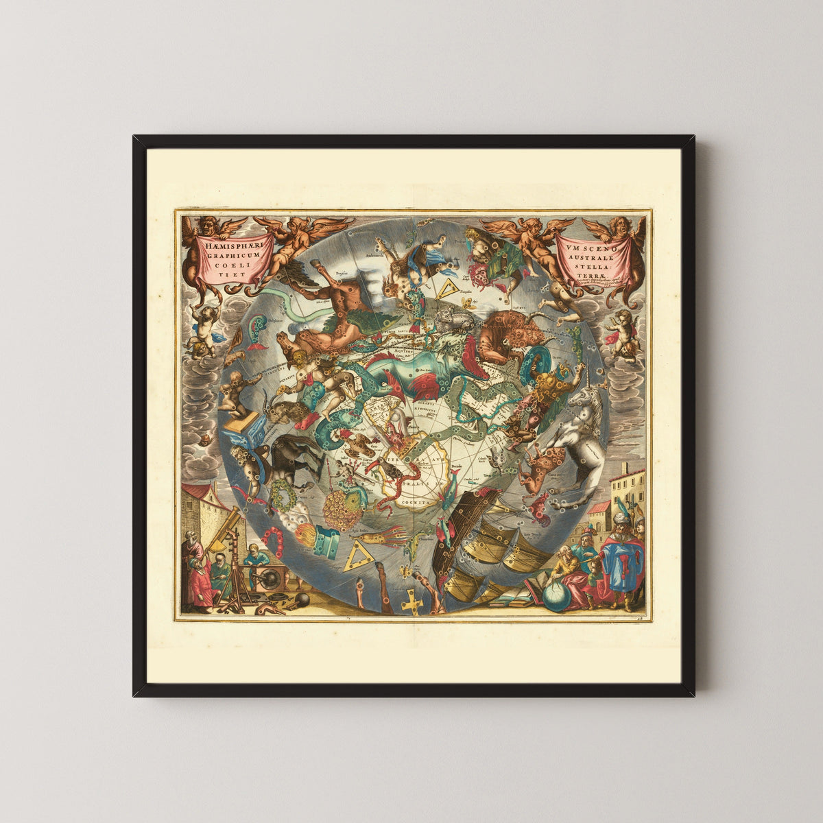 Andreas Cellarius — A Scenographic View of the Southern Heaven and Earth (Plate 28, Slate Colouring) | Celestial Map Print - 9ArtPrints