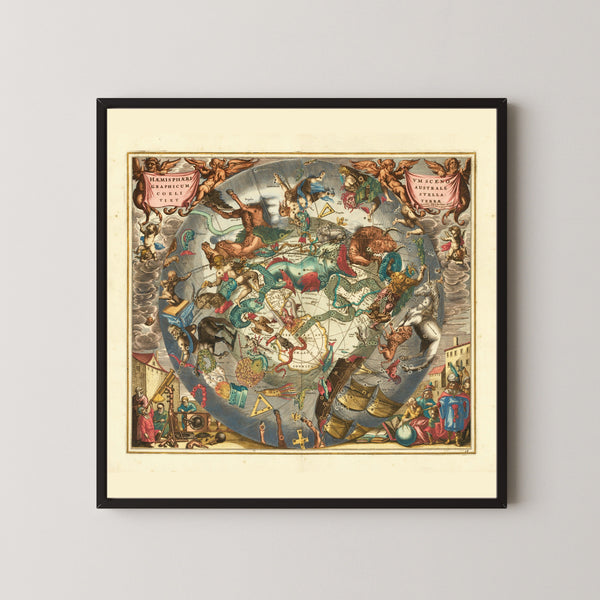 Andreas Cellarius — A Scenographic View of the Southern Heaven and Earth (Plate 28, Slate Colouring) | Celestial Map Print