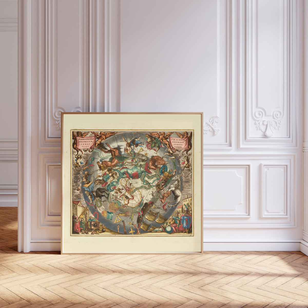 Andreas Cellarius — A Scenographic View of the Southern Heaven and Earth (Plate 28, Slate Colouring) | Celestial Map Print - 9ArtPrints