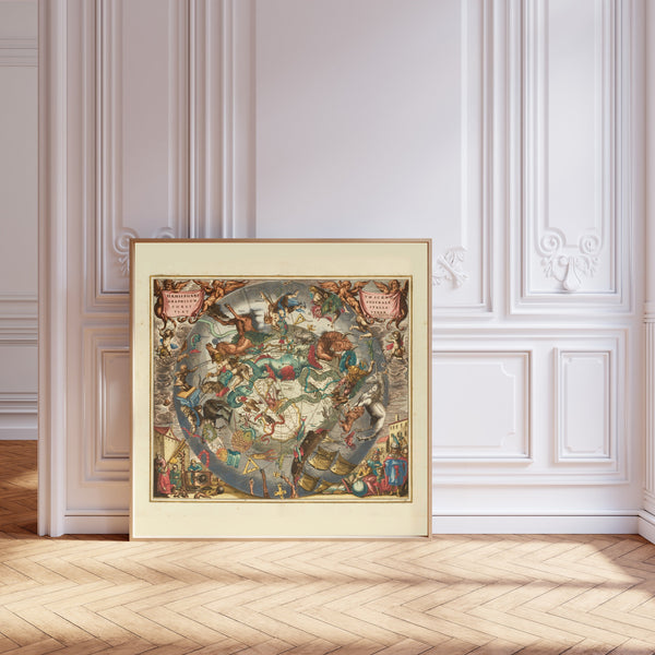 Andreas Cellarius — A Scenographic View of the Southern Heaven and Earth (Plate 28, Slate Colouring) | Celestial Map Print