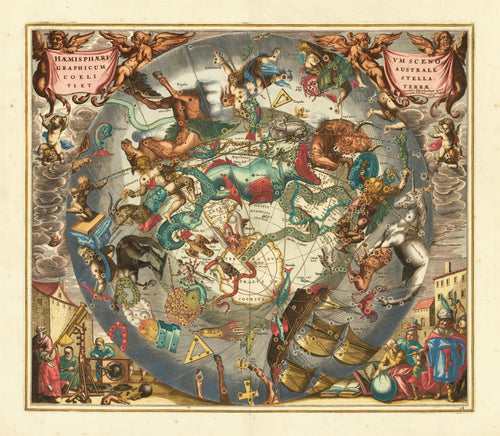 Andreas Cellarius — A Scenographic View of the Southern Heaven and Earth (Plate 28, Slate Colouring) | Celestial Map Print - 9ArtPrints