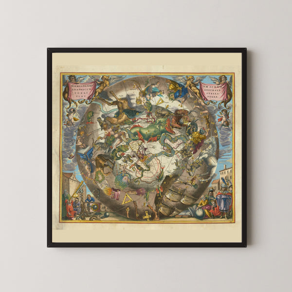 Andreas Cellarius — A Scenographic View of the Southern Heaven and Earth (Plate 28, Tan Colouring) | Celestial Map Print