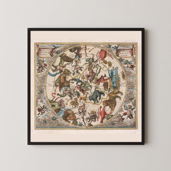 Andreas Cellarius — The Ancient Northern Starry Hemisphere (Plate 24, Rose Colouring) | Celestial Map Print