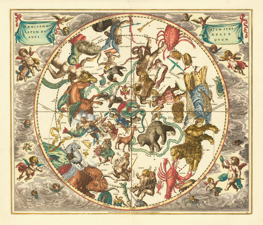 Andreas Cellarius — The Ancient Northern Starry Hemisphere (Plate 24, Turquoise Colouring) | Celestial Map Print shown to scale on a wall above a sofa