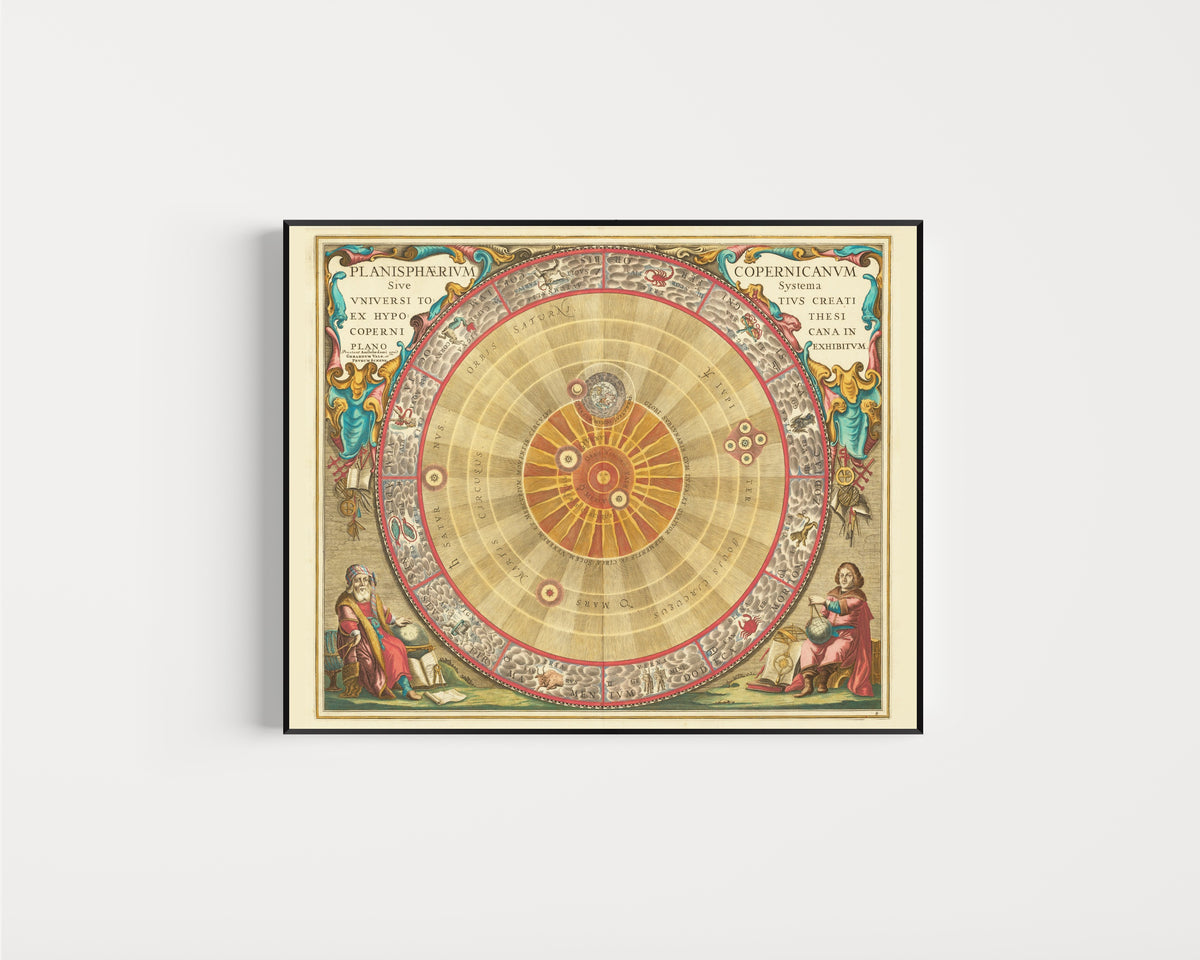 Framed art print of The Copernican Planisphere (Plate 4, Teal Colouring) by Andreas Cellarius, in a slim black frame on a plain white wall
