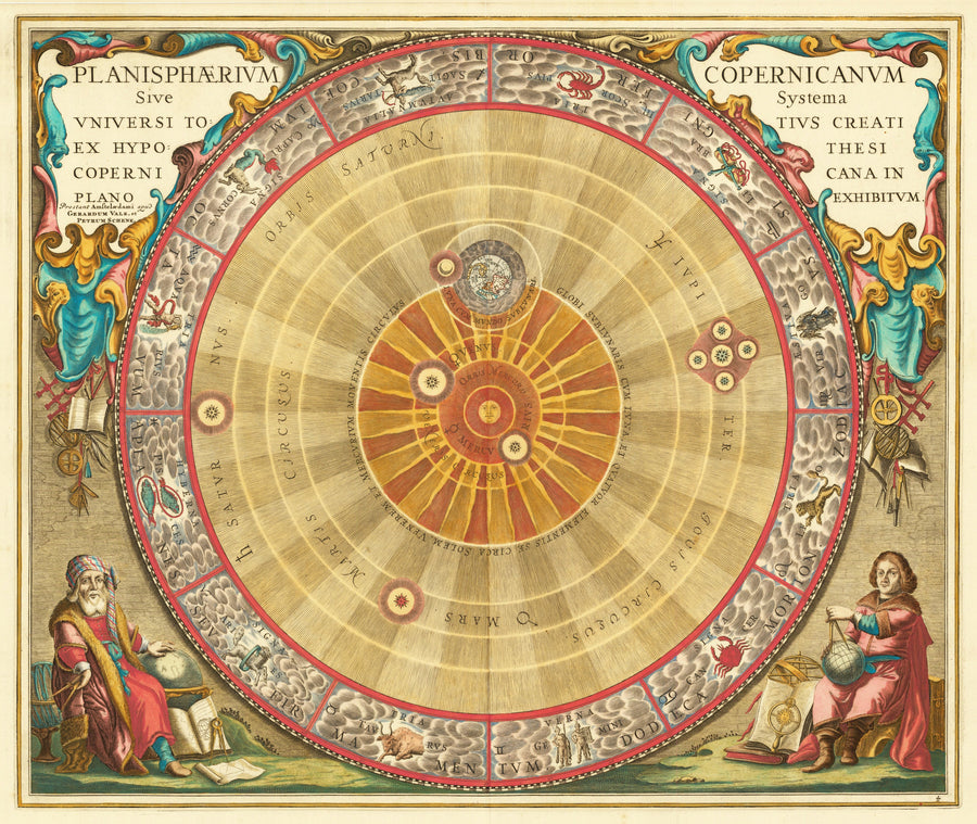 Andreas Cellarius — The Copernican Planisphere (Plate 4, Teal Colouring) | Celestial Map Print shown to scale on a wall above a sofa
